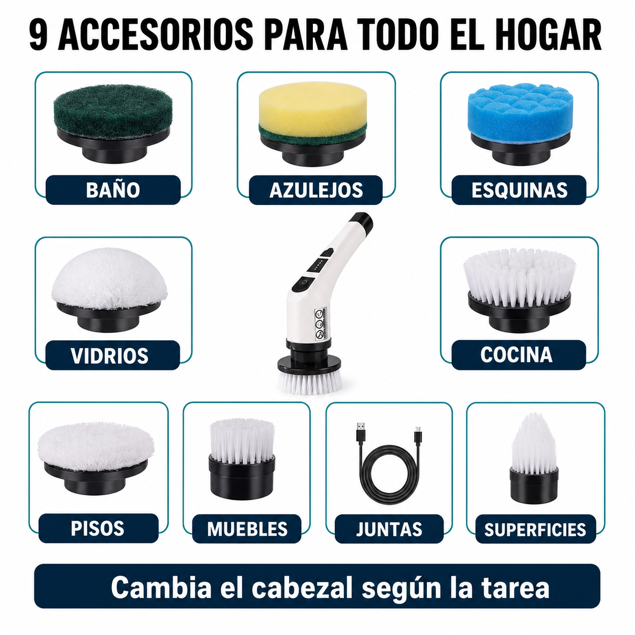 Cepillo Eléctrico Giratorio 9 en 1 con Brazo Extensible