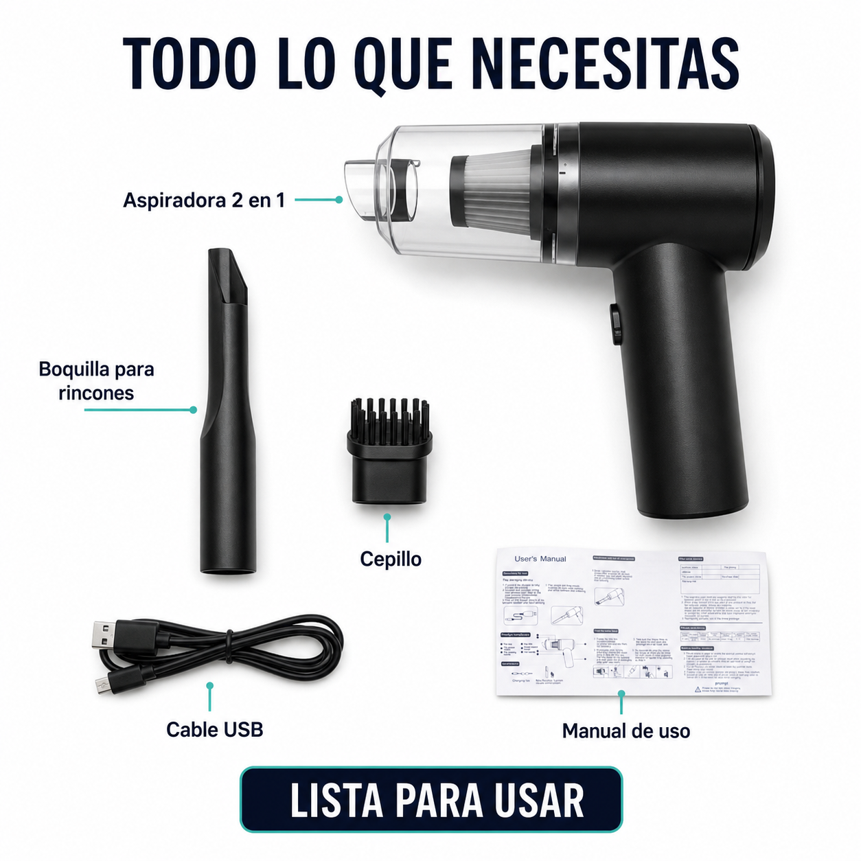 Aspiradora Portátil 2 en 1 para Auto y Hogar