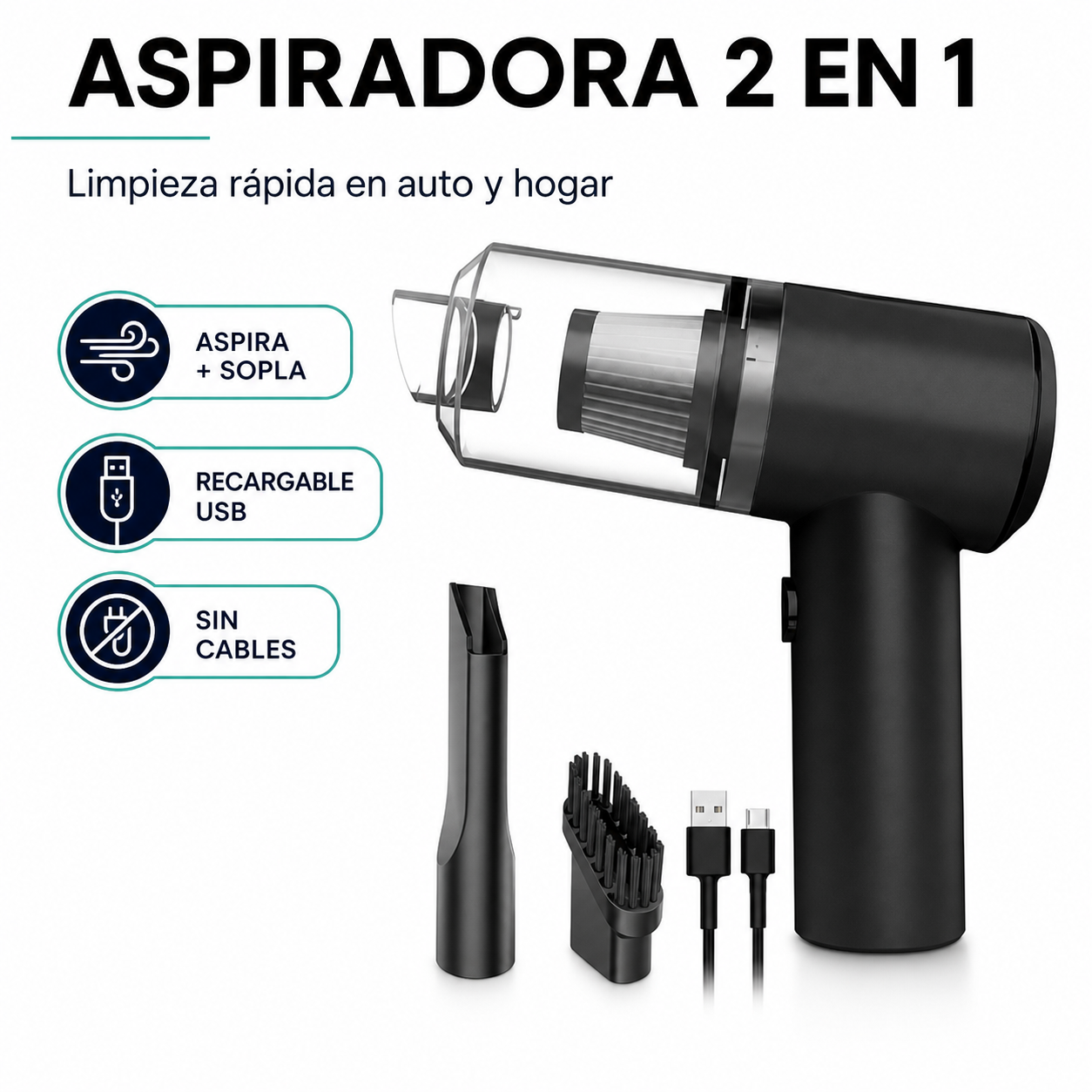 Aspiradora Portátil 2 en 1 para Auto y Hogar